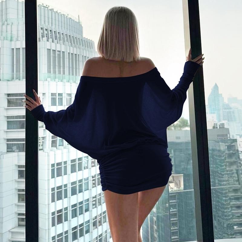 Women's Sheer Ruched Party Dress, Off-The-Shoulder Long Sleeve Women's Mini Dress for Spring & Fall