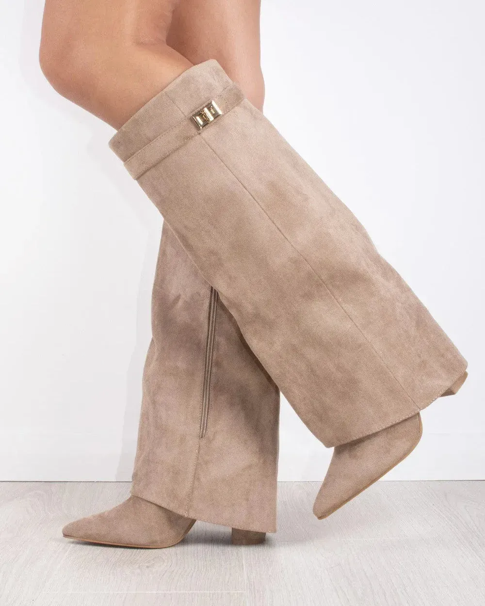 Taupe Faux Suede Slouchy Fold Over Shark Boots