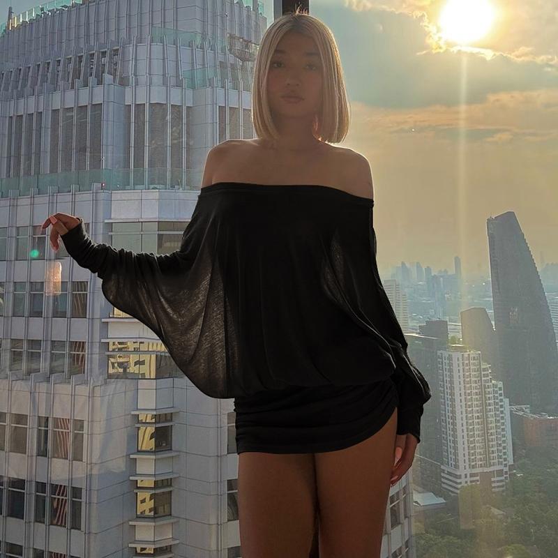 Women's Sheer Ruched Party Dress, Off-The-Shoulder Long Sleeve Women's Mini Dress for Spring & Fall