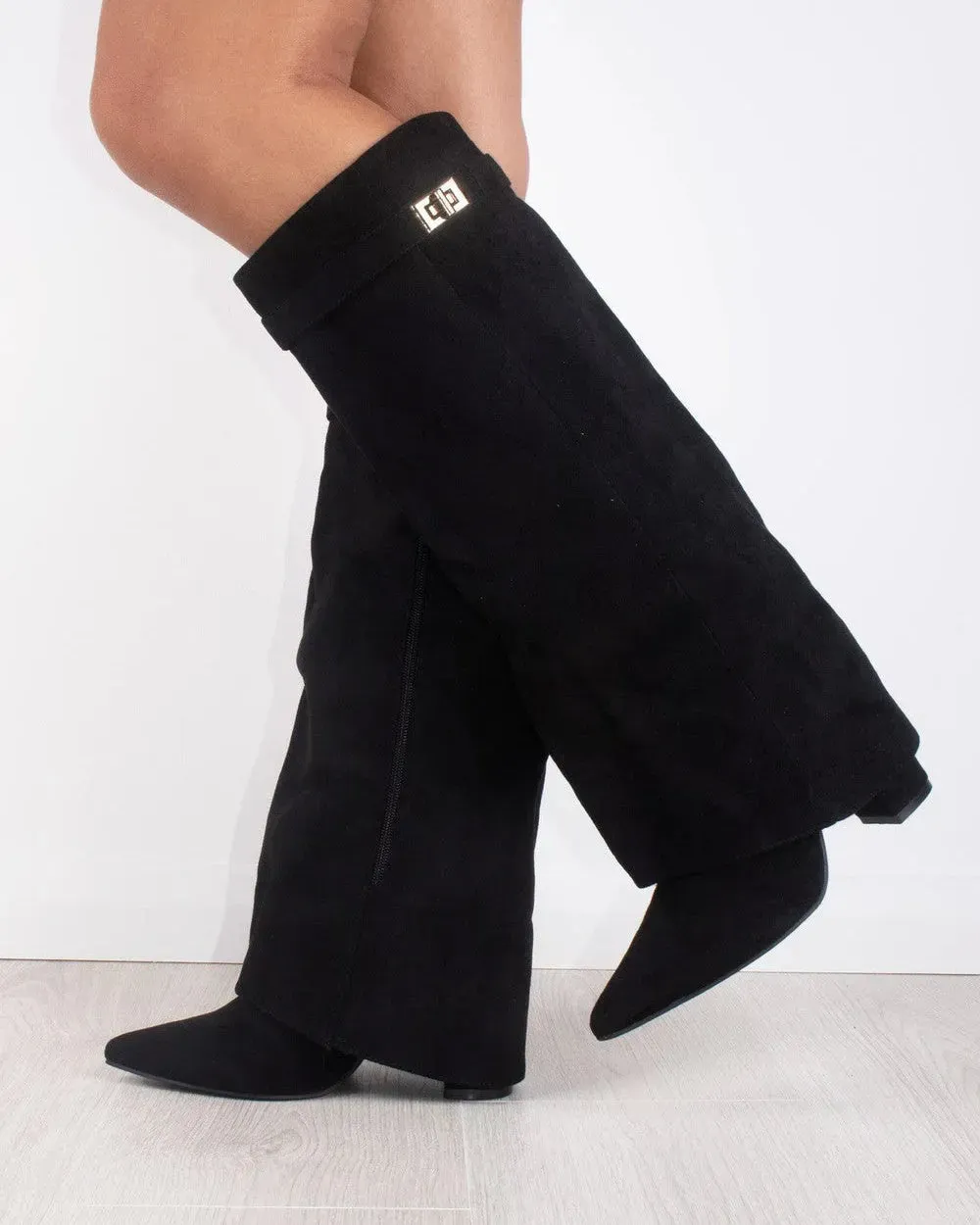 Taupe Faux Suede Slouchy Fold Over Shark Boots