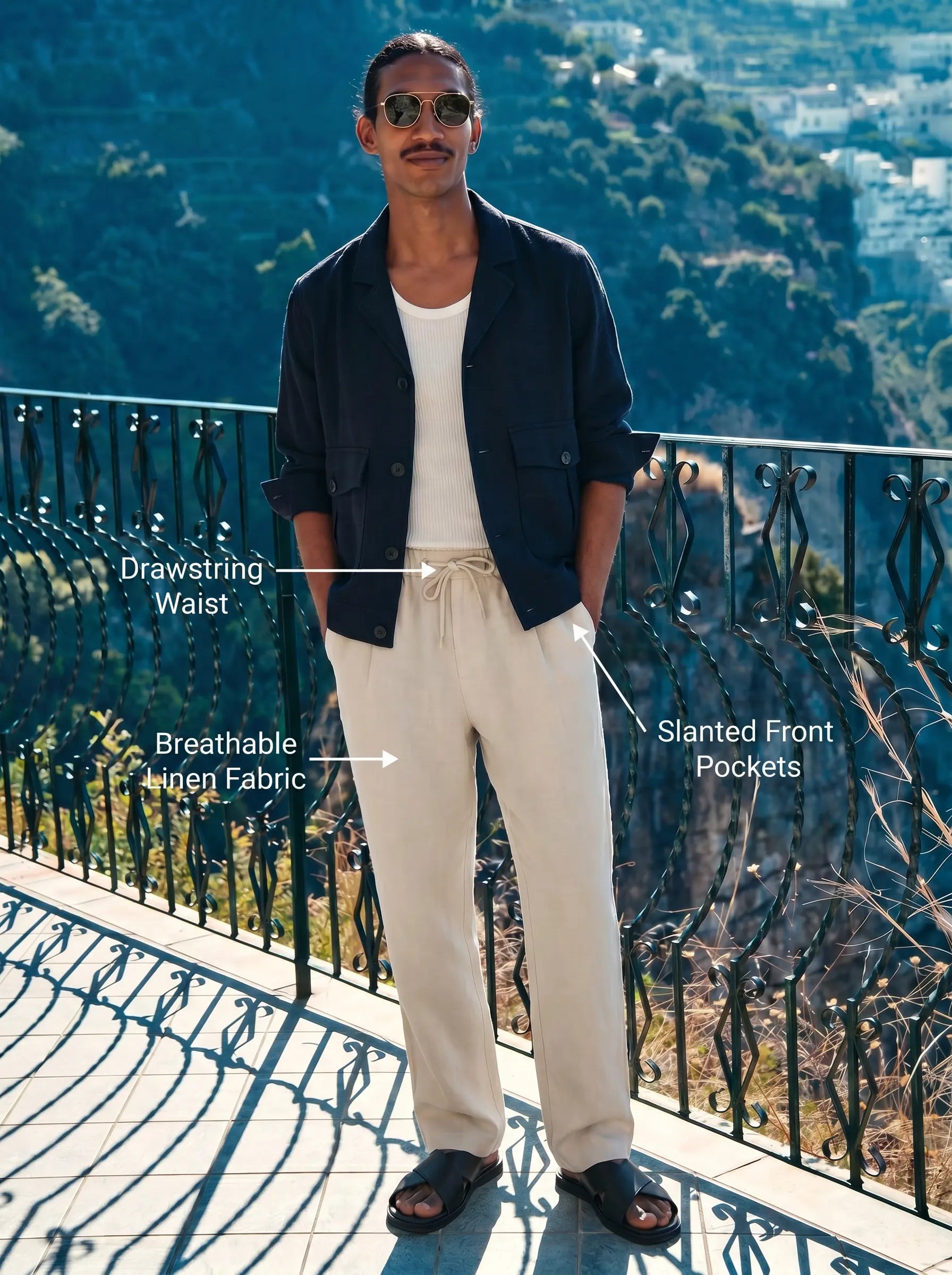 100% Linen Relaxed-Fit Drawstring Trousers