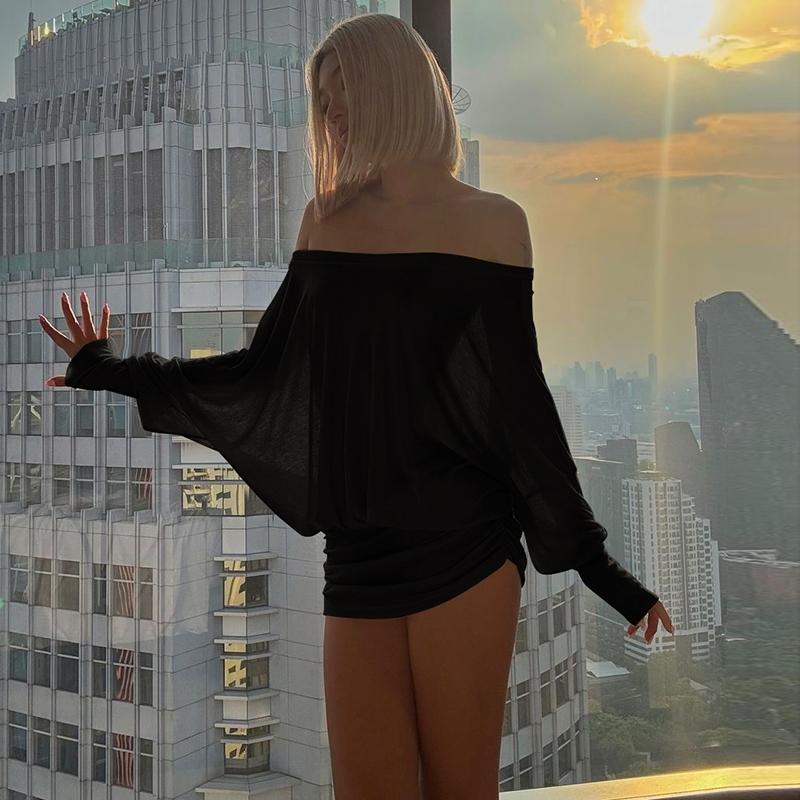 Women's Sheer Ruched Party Dress, Off-The-Shoulder Long Sleeve Women's Mini Dress for Spring & Fall