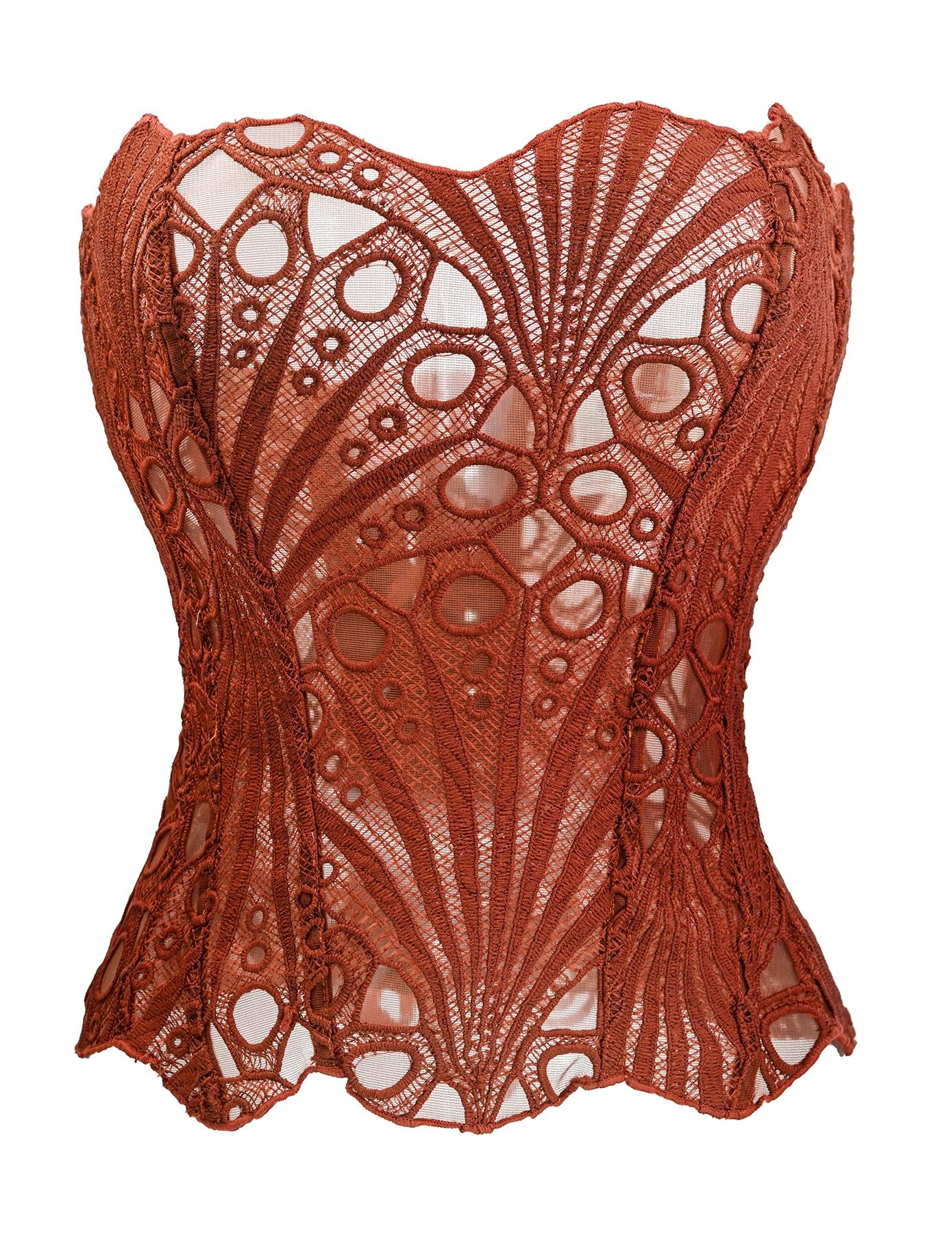 Women's Random Pattern Lace Up Shapewear Tube Top, Elegant Contrast Lace Corset Top, Tummy Control Shapewear Underwear for Women