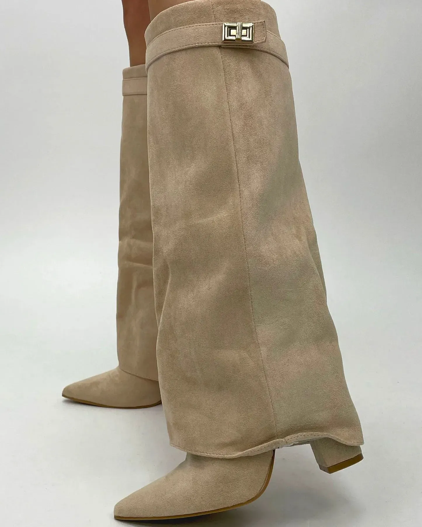 Taupe Faux Suede Slouchy Fold Over Shark Boots