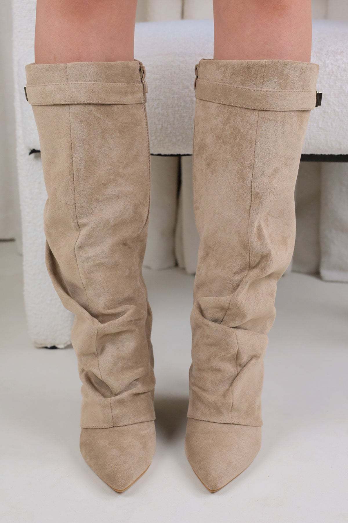Taupe Faux Suede Slouchy Fold Over Shark Boots