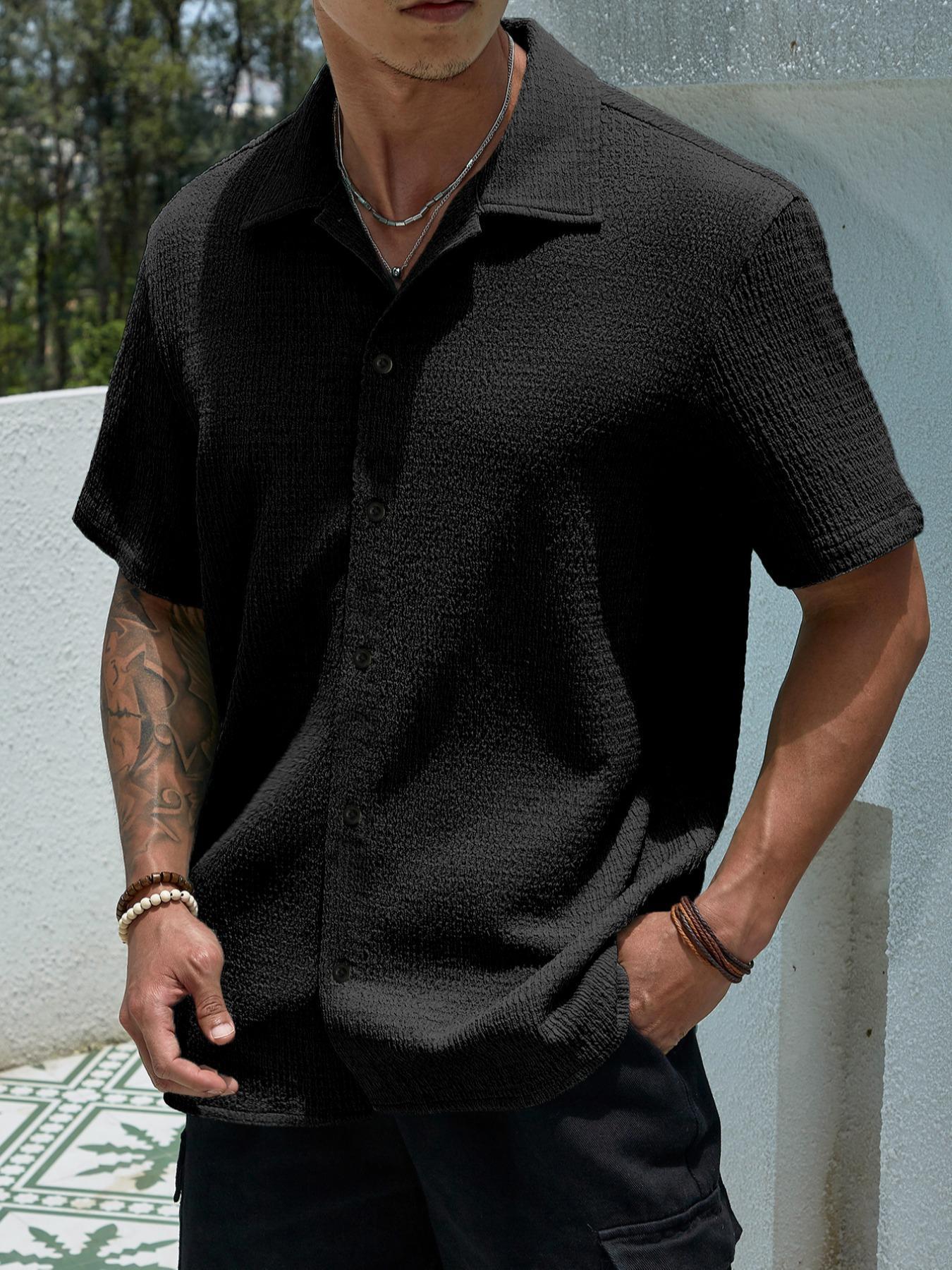 Men's Textured Button Front Shirt, Casual Classic Regular Fit Short Sleeve Plain Collared Top for Summer, Summer Leisure Top 2024, National Day Clothing, Button Up Tops, Men's Clothes for Daily Wear Men's Textured Button Front Shirt, Casual Classic Regular Fit Short Sleeve Plain Collared Top for Summer, Summer Leisure Top 2024, National Day Clothing, Button Up Tops, Men's Clothes for Daily Wear