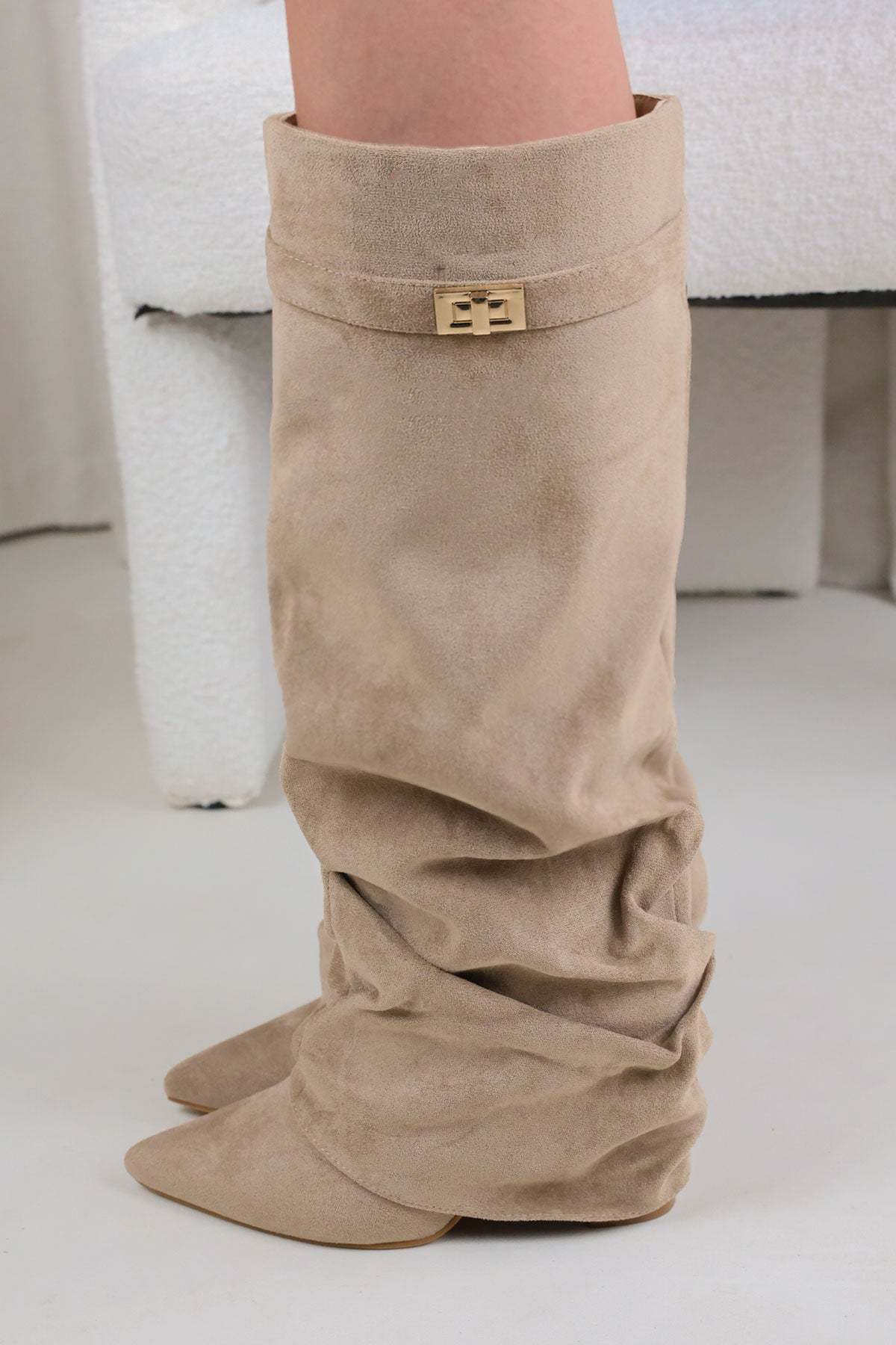 Taupe Faux Suede Slouchy Fold Over Shark Boots