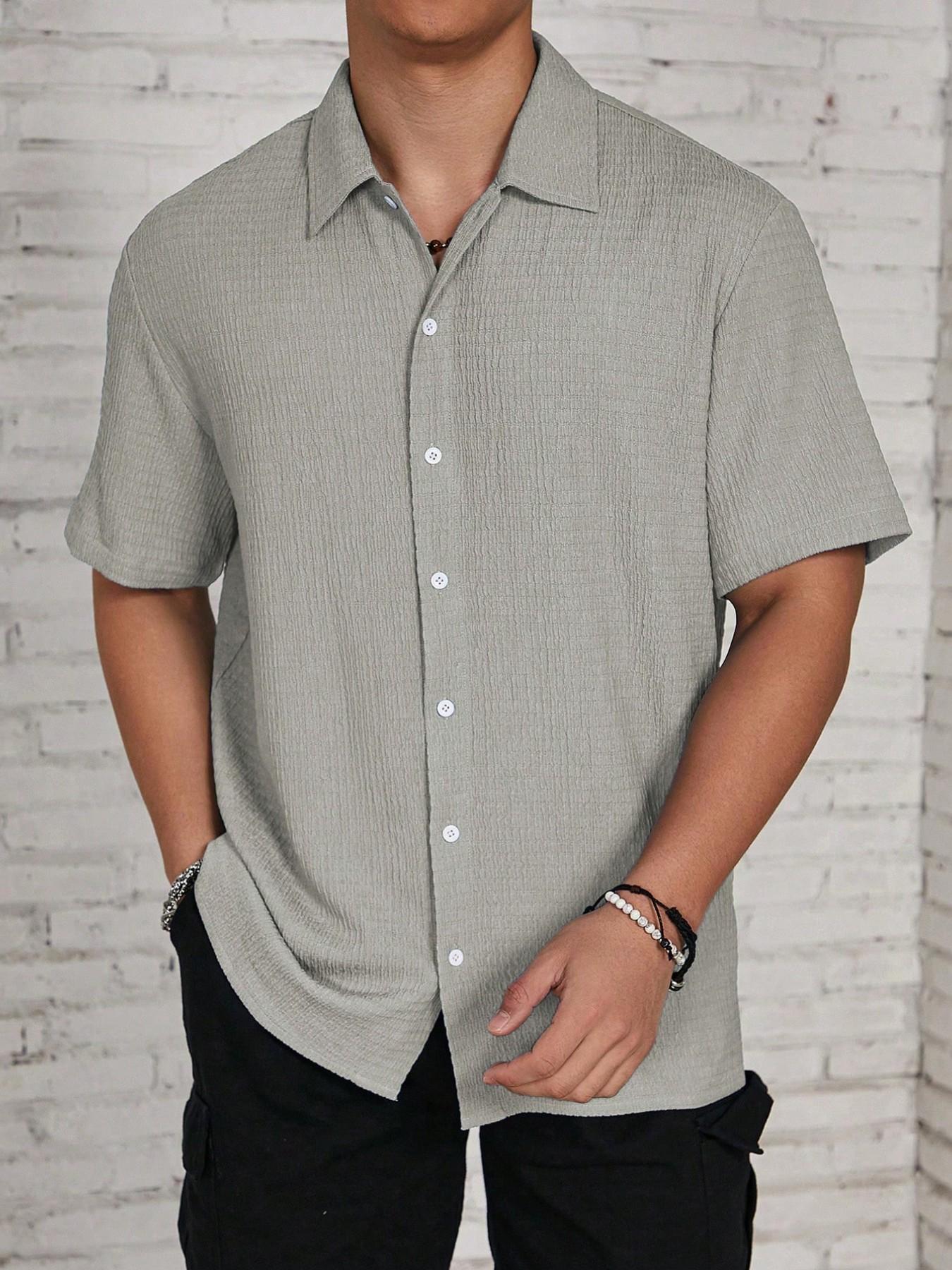 Men's Textured Button Front Shirt, Casual Classic Regular Fit Short Sleeve Plain Collared Top for Summer, Summer Leisure Top 2024, National Day Clothing, Button Up Tops, Men's Clothes for Daily Wear Men's Textured Button Front Shirt, Casual Classic Regular Fit Short Sleeve Plain Collared Top for Summer, Summer Leisure Top 2024, National Day Clothing, Button Up Tops, Men's Clothes for Daily Wear