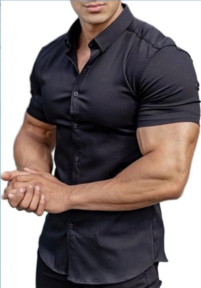 Men's Stretch Dress Shirt — Short-Sleeve, Slim-Fit, Business-Casual Button-Down Shirt with Muscle-Fit Design