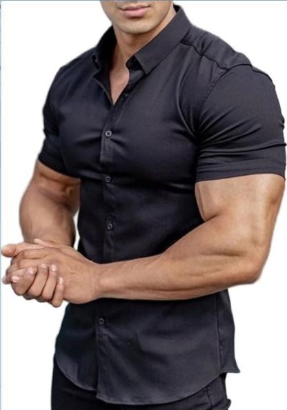 Men's Stretch Dress Shirt — Short-Sleeve, Slim-Fit, Business-Casual Button-Down Shirt with Muscle-Fit Design