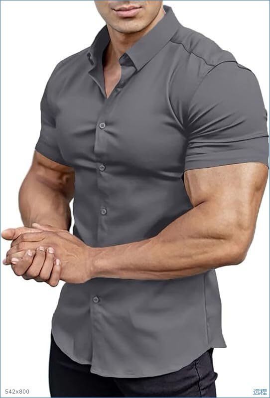 Men's Stretch Dress Shirt — Short-Sleeve, Slim-Fit, Business-Casual Button-Down Shirt with Muscle-Fit Design
