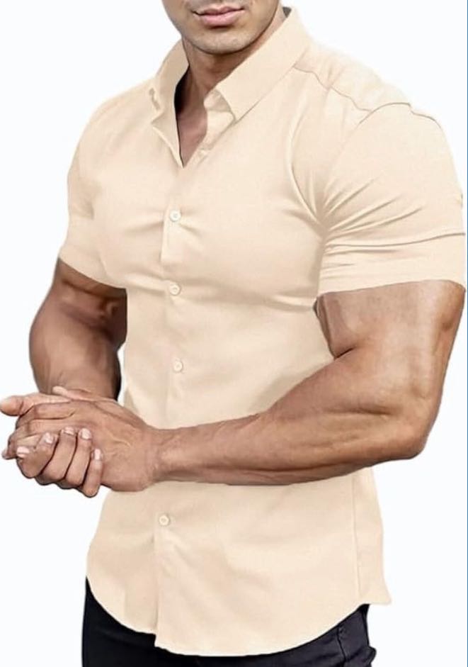 Men's Stretch Dress Shirt — Short-Sleeve, Slim-Fit, Business-Casual Button-Down Shirt with Muscle-Fit Design