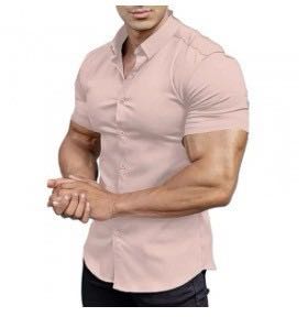Men's Stretch Dress Shirt — Short-Sleeve, Slim-Fit, Business-Casual Button-Down Shirt with Muscle-Fit Design