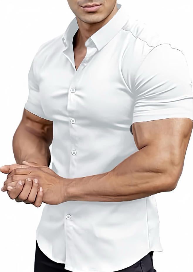 Men's Stretch Dress Shirt — Short-Sleeve, Slim-Fit, Business-Casual Button-Down Shirt with Muscle-Fit Design