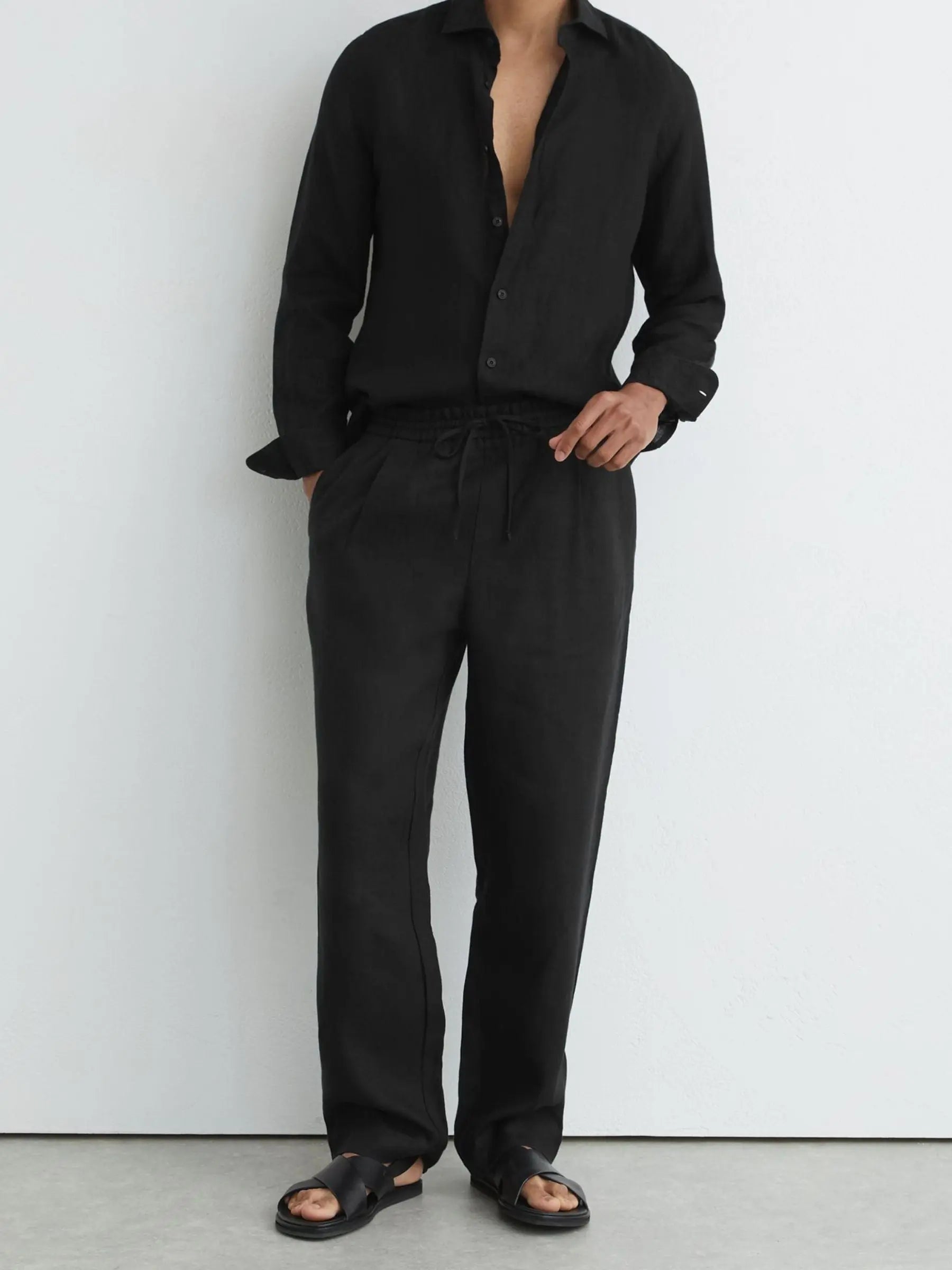 100% Linen Relaxed-Fit Drawstring Trousers