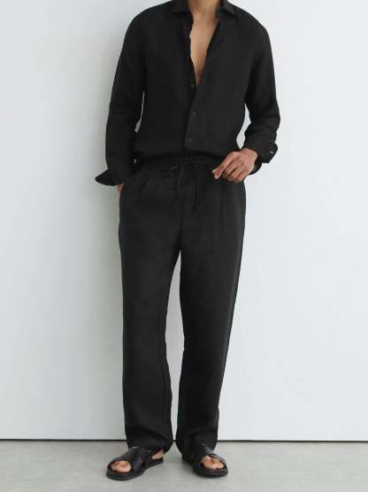 100% Linen Relaxed-Fit Drawstring Trousers