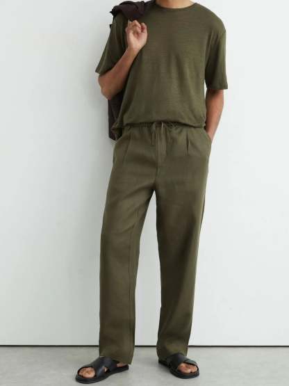 100% Linen Relaxed-Fit Drawstring Trousers