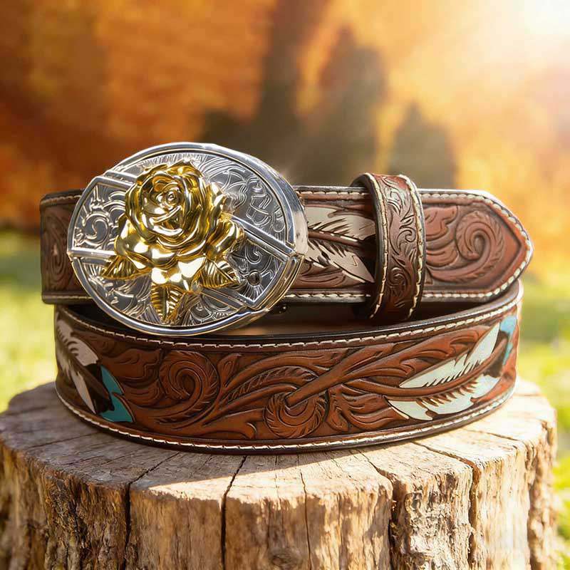 T-Brown Leather Belt with Two-tone Strap Holder Buckle