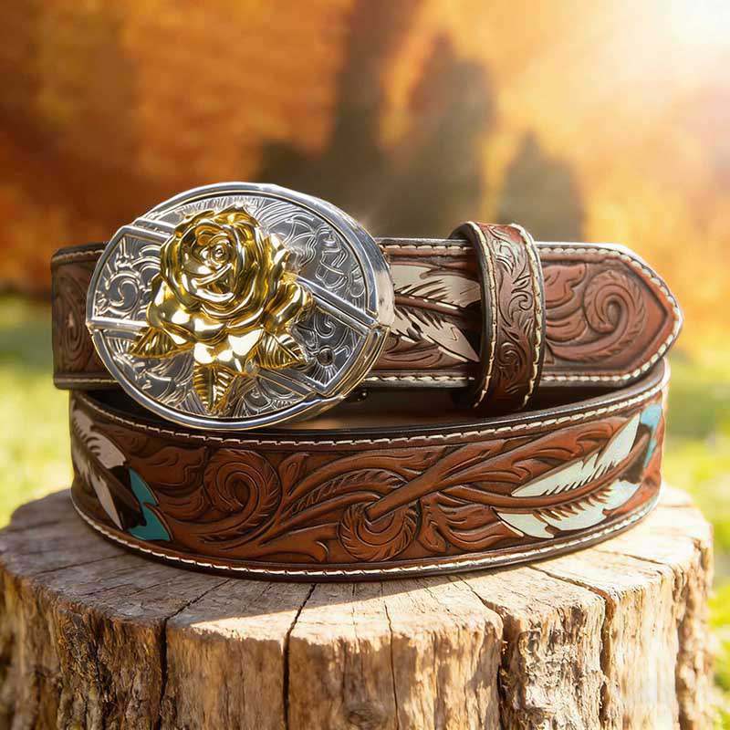 T-Brown Leather Belt with Two-tone Strap Holder Buckle