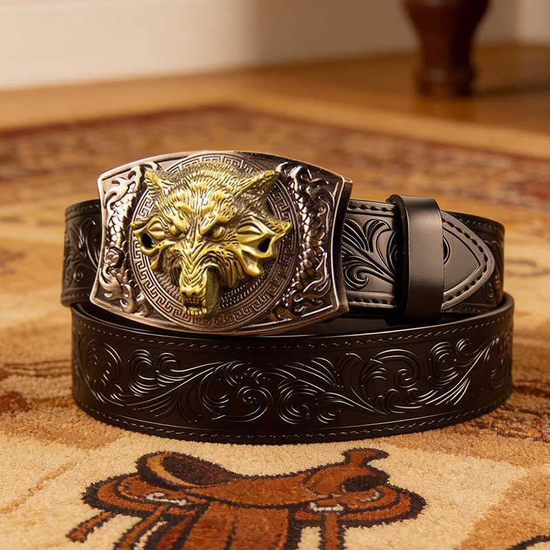 T-Western Black Leather Patterned Tool Belt - Square with Holder Buckle