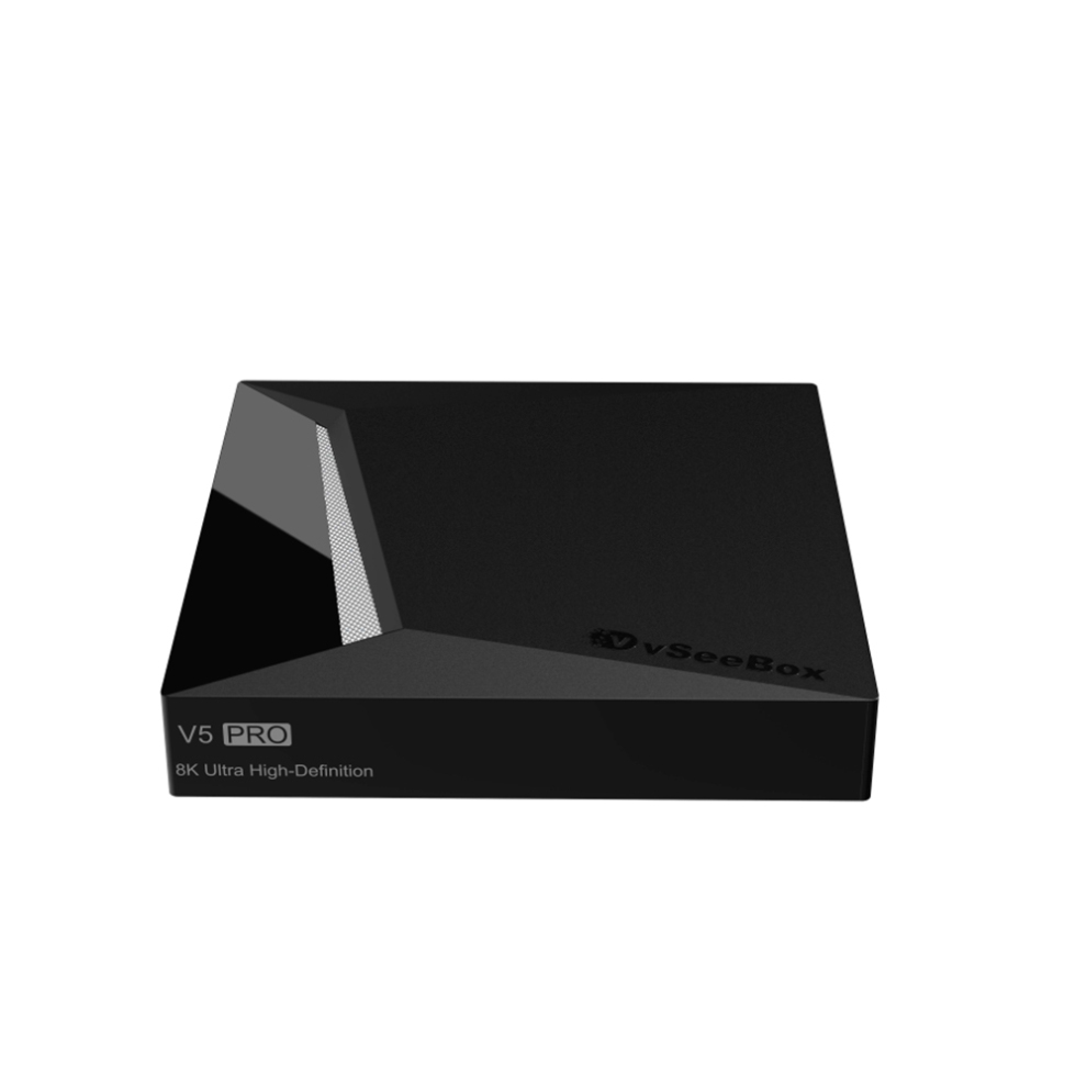 Front view of the VseeBox V5 Pro Android TV Box, highlighting the brand logo and LED status indicator.