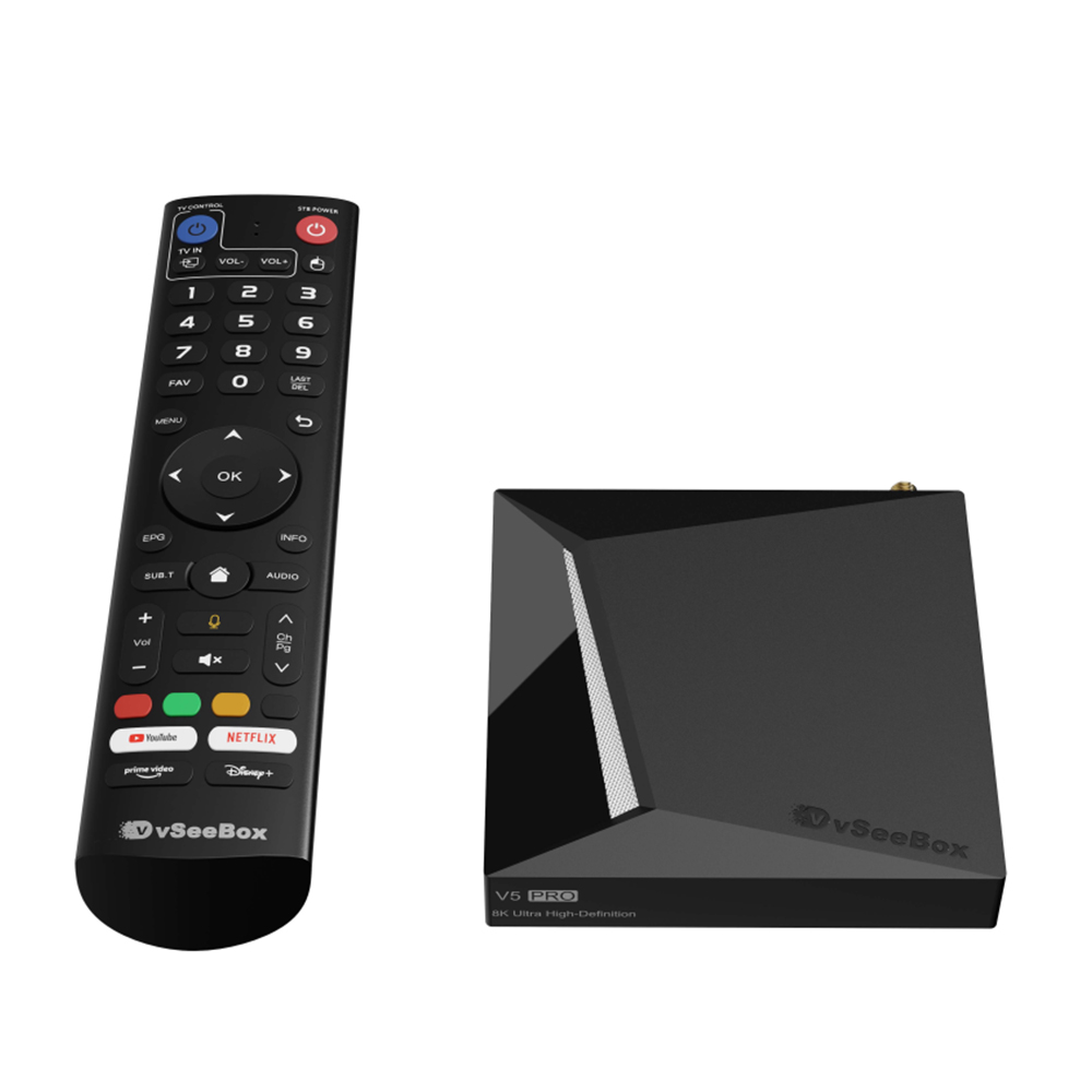 VseeBox V5 Pro Android TV Box 2025 Limited Version with its remote control shown at an angle