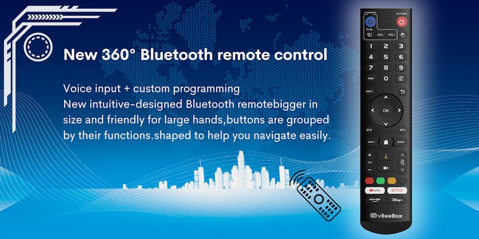 {"default":"New 360-degree Bluetooth voice remote control for vSeeBox V5 Pro, featuring voice input, custom programming, and an intuitive design for larger hands with grouped buttons for easy navigation."}
