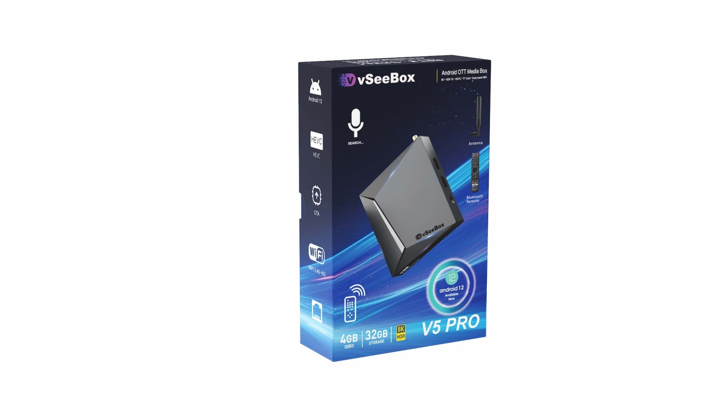 Rear panel of the VseeBox V5 Pro, detailing the connectivity ports including HDMI, Ethernet, USB, and power input.