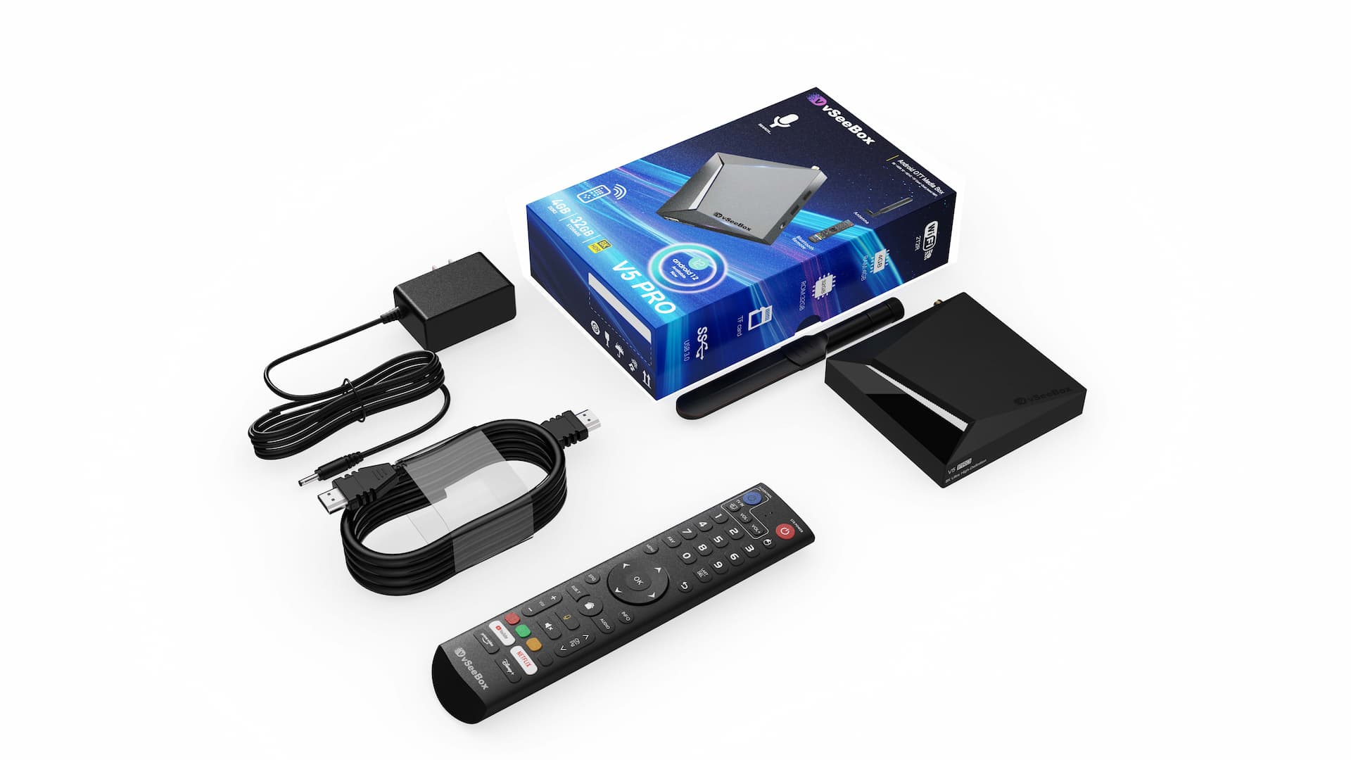 What's included with the VseeBox V5 Pro: the TV box, remote control, power adapter, and HDMI cable