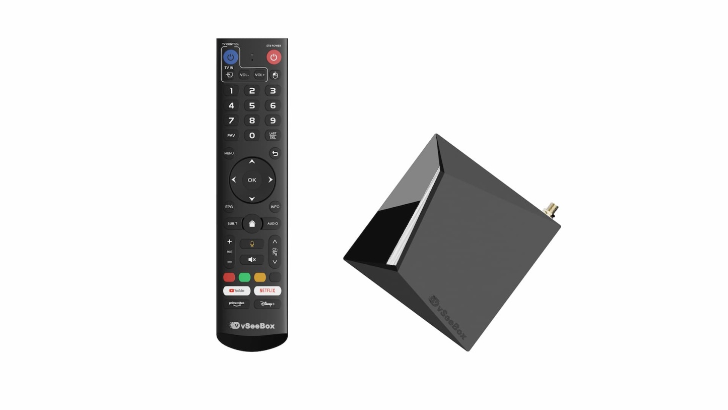 A side profile view of the VseeBox V5 Pro TV Box and its remote control, placed side-by-side to compare their design and scale.