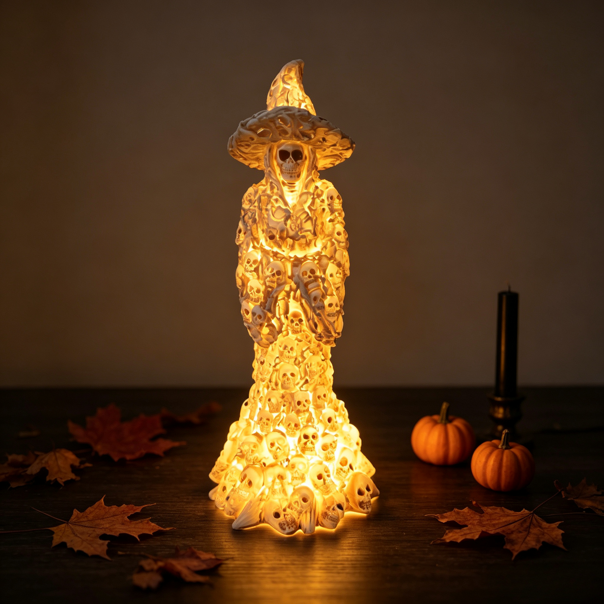💀 Skeleton Witch LED Ornament, Warm Glow Halloween Skull Statue Table Decor