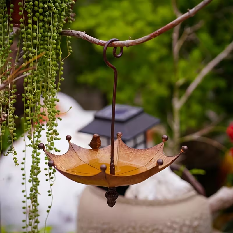 Umbrella-Shaped Outdoor Hanging Bird Feeder & Bath Tray
