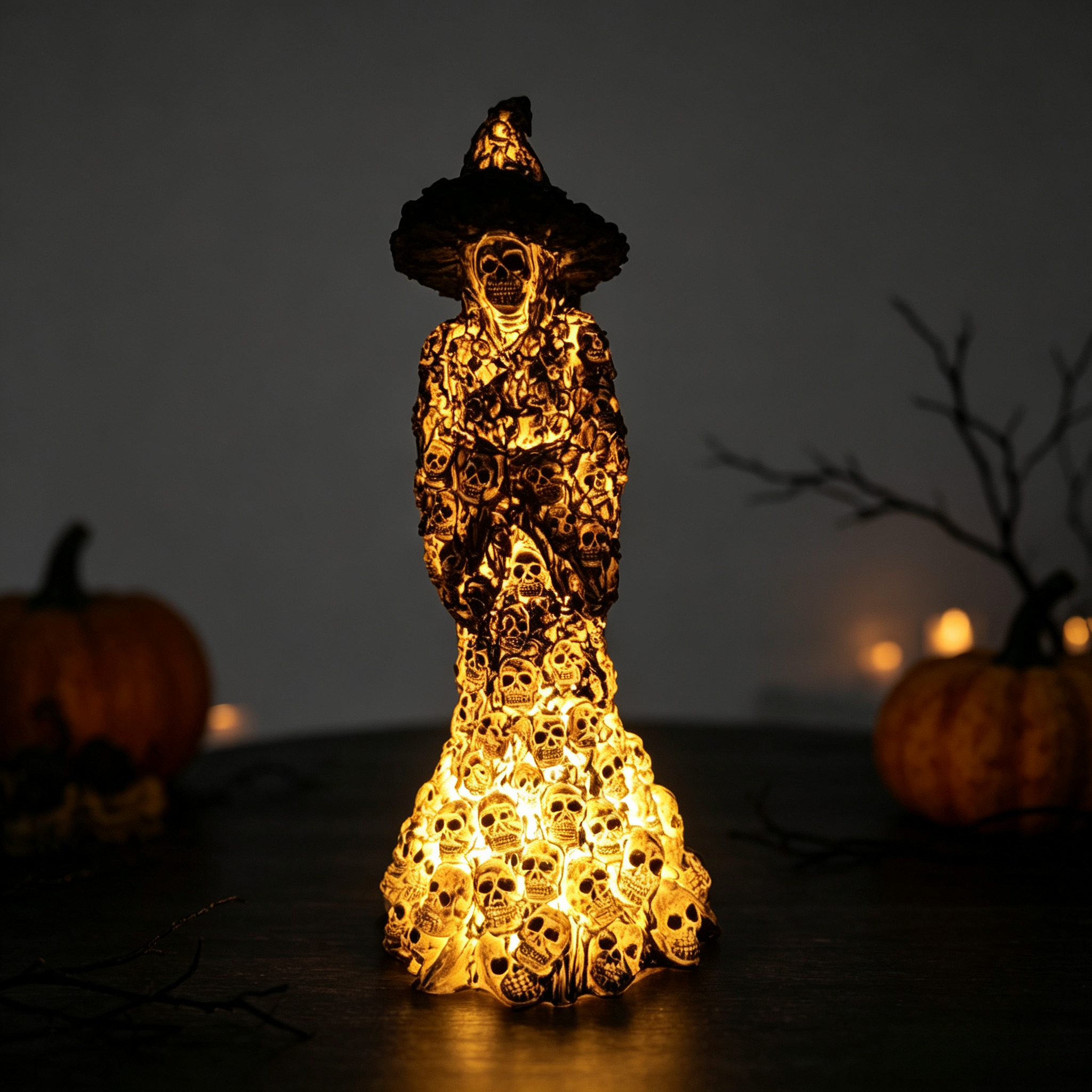 💀 Skeleton Witch LED Ornament, Warm Glow Halloween Skull Statue Table Decor