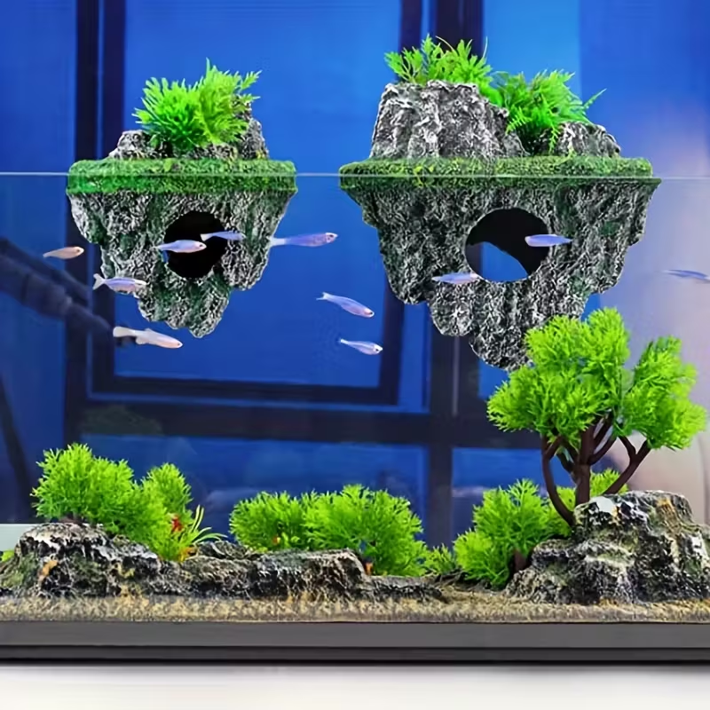 Aquarium Floating Rock Decoration - Resin Moss Suspended Stone with Suction Cup (Avatar Style Levitating Effect)
