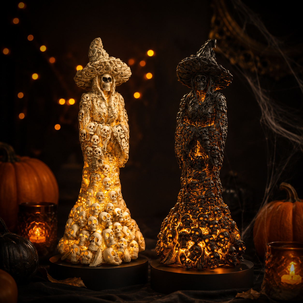 💀 Skeleton Witch LED Ornament, Warm Glow Halloween Skull Statue Table Decor