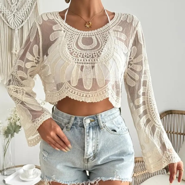  Boho Crochet Lace Sheer Long Sleeve Crop Top - Elevate Your Summer Style