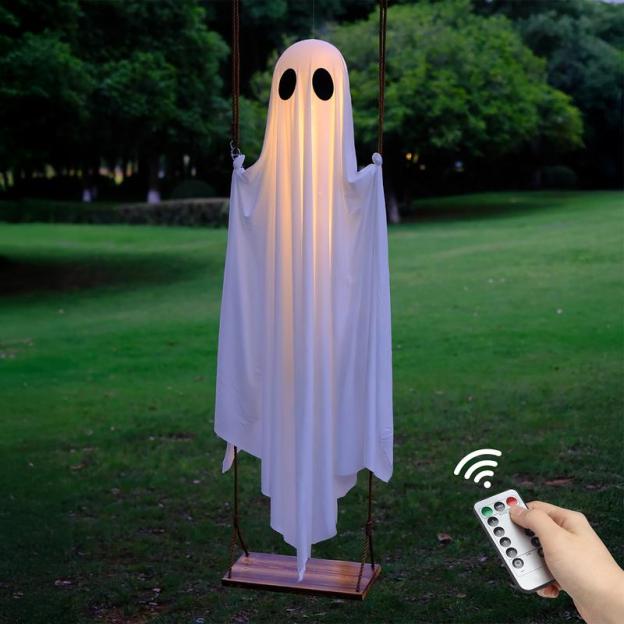 5 FT Large Hanging Swing Ghost Halloween Decor with String Lights 