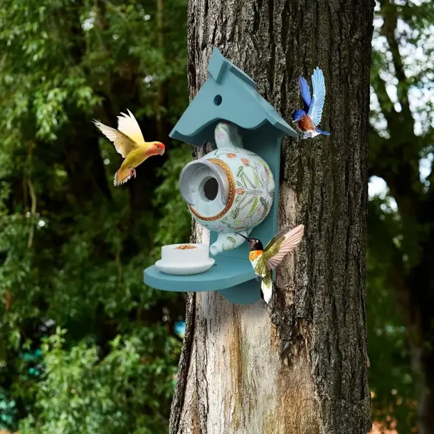 Charming Resin Bird Feeder with Blue Roof & Floral Design