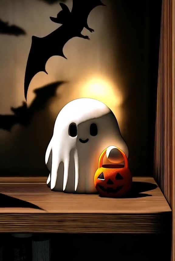👻 A spooky ghost carrying a pumpkin, yelling ‘Trick or treat!’