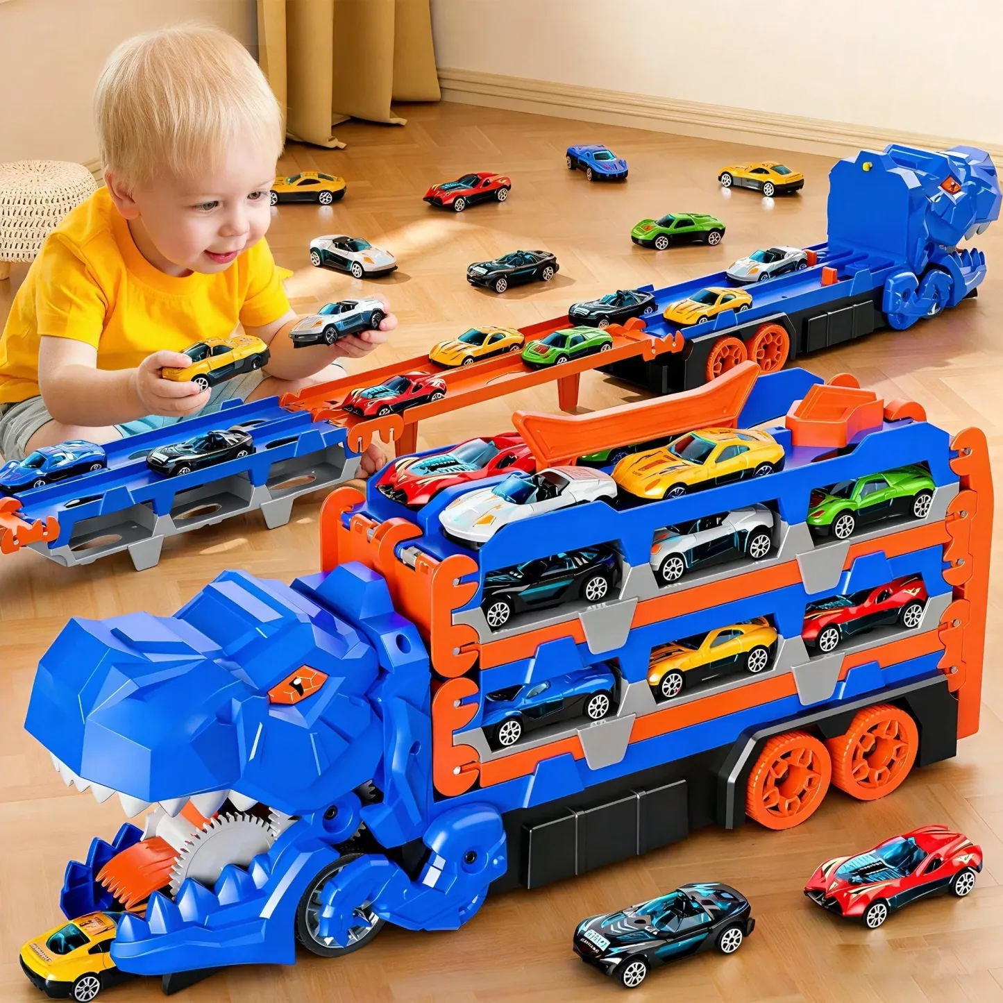 Dinosaurs swallowing toy cars