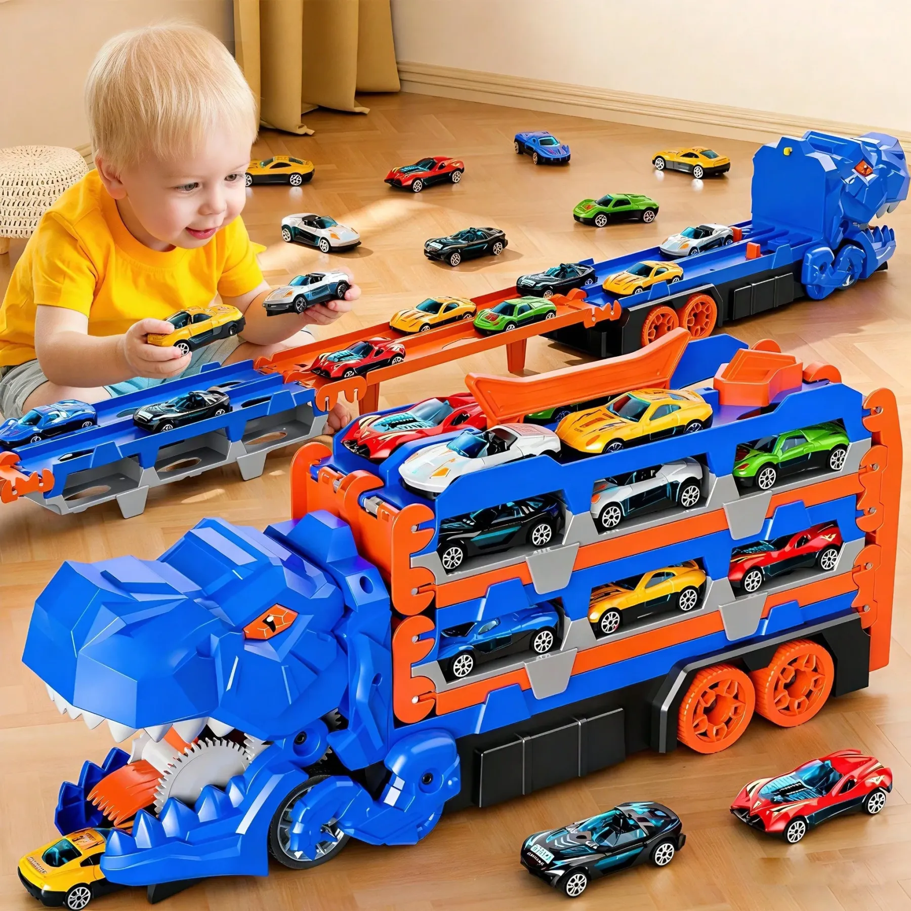 Dinosaurs swallowing toy cars