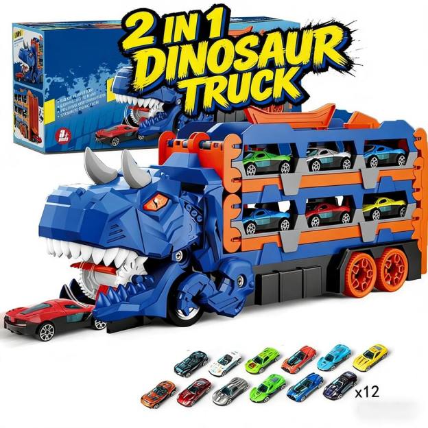 Dinosaurs swallowing toy cars
