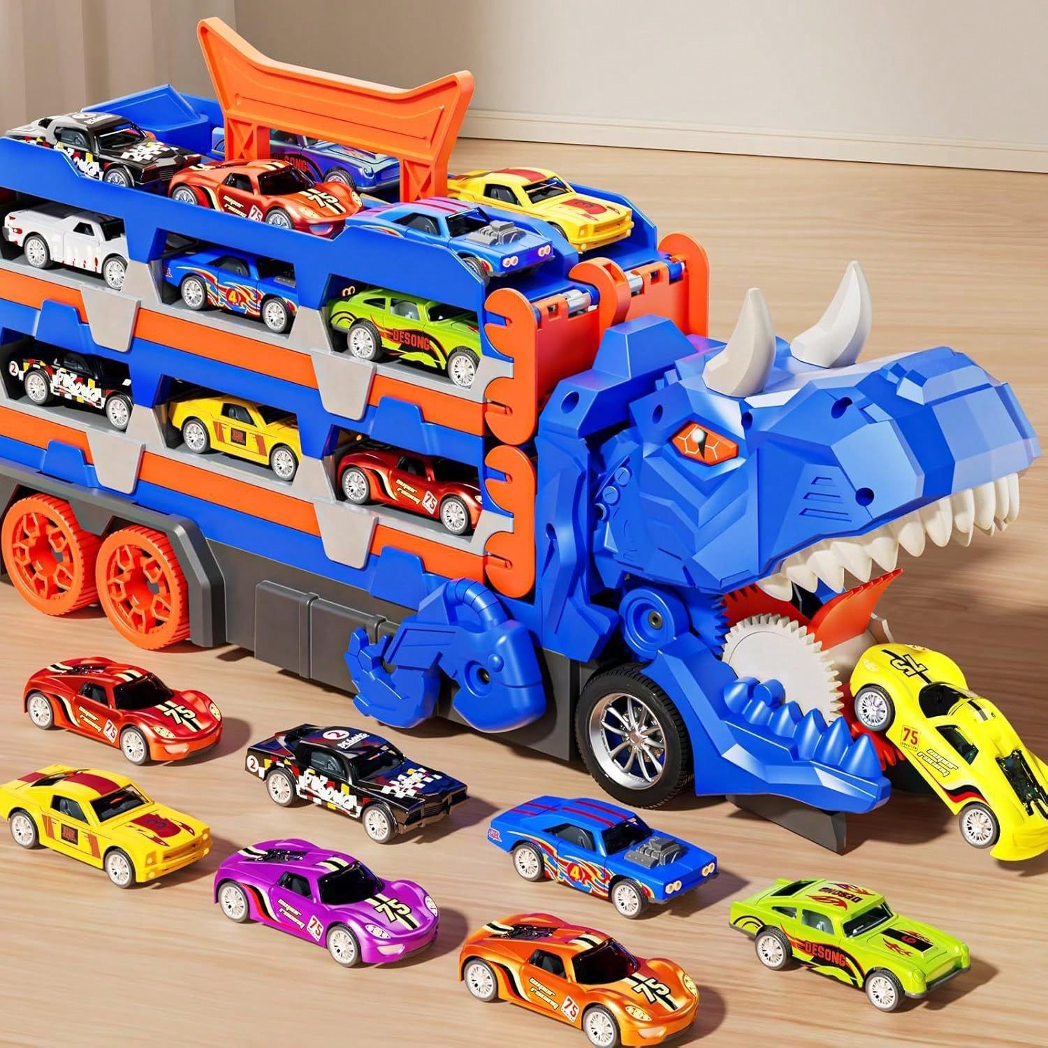 Dinosaurs swallowing toy cars