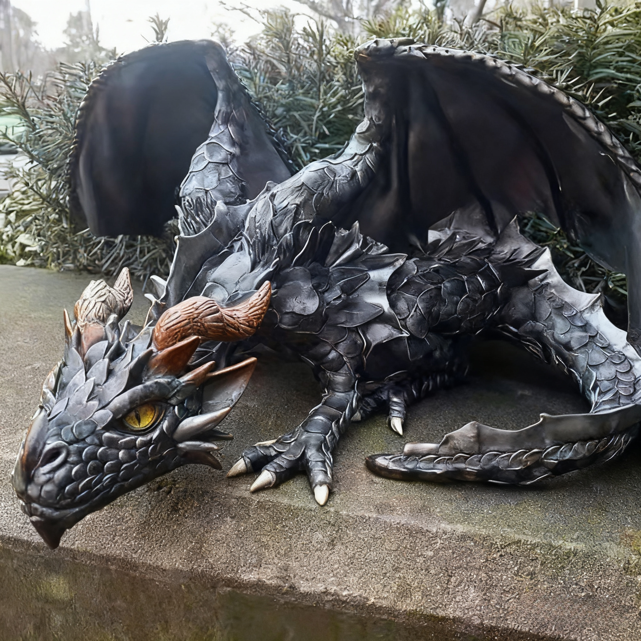 Dragon Statue - Black Fantasy Garden Decor with Glowing eyes