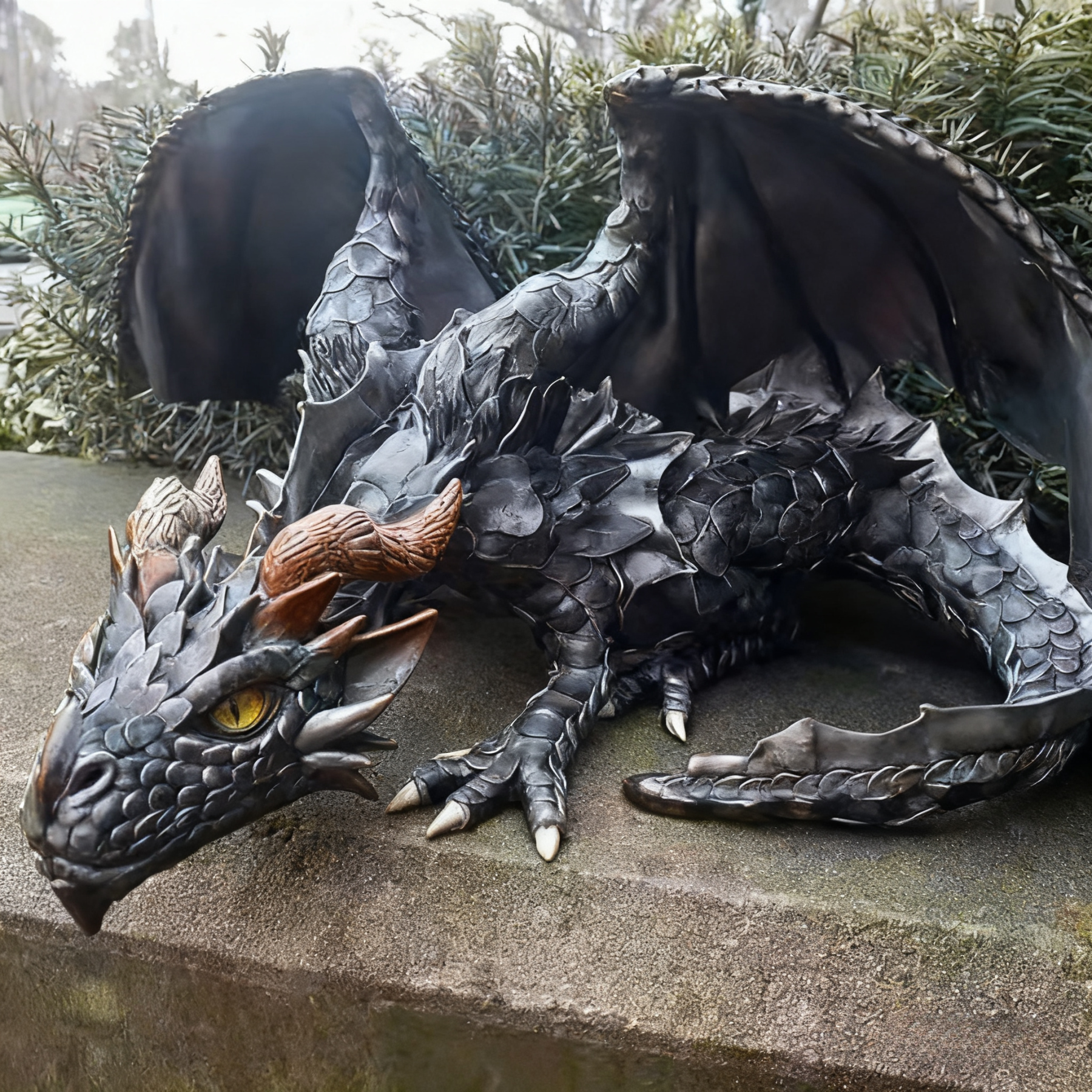 Dragon Statue - Black Fantasy Garden Decor with Glowing eyes
