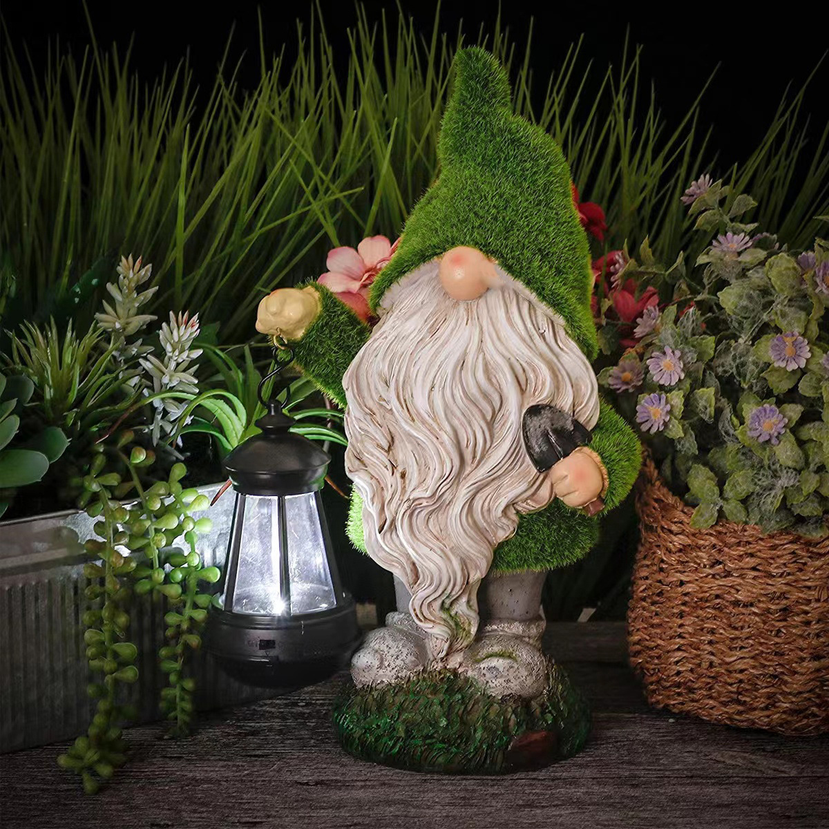 Large Flocked Resin Garden Dwarf Holding a Welcome Sign Statue