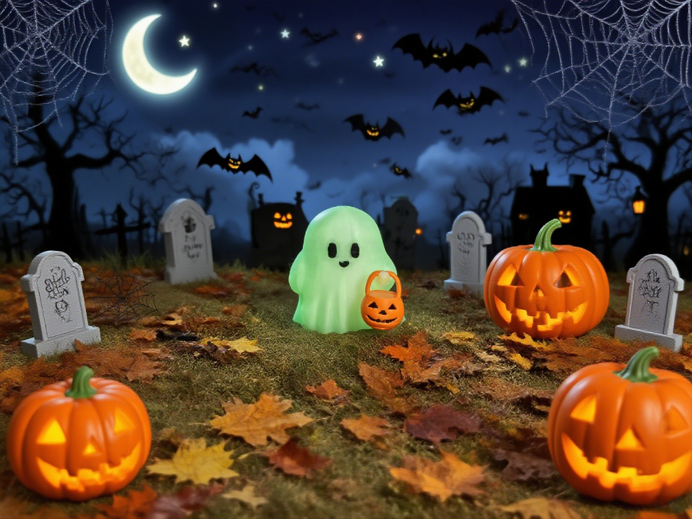 👻 A spooky ghost carrying a pumpkin, yelling ‘Trick or treat!’