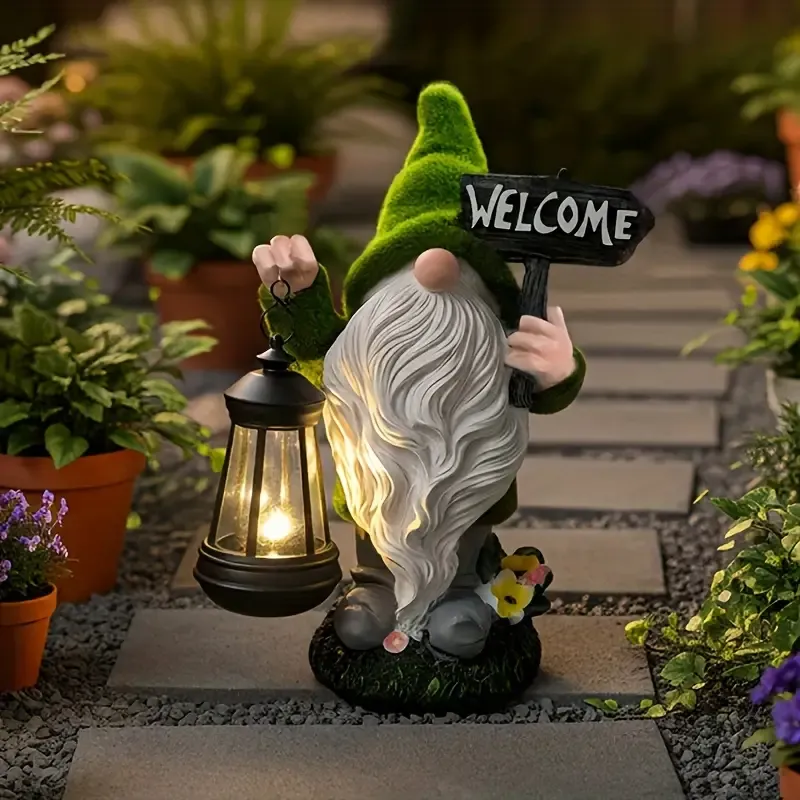 Large Flocked Resin Garden Dwarf Holding a Welcome Sign Statue
