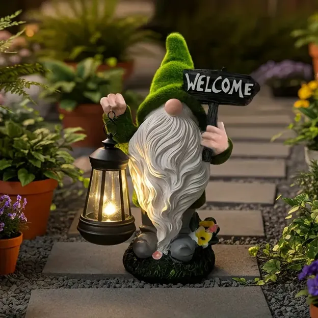Large Flocked Resin Garden Dwarf Holding a Welcome Sign Statue