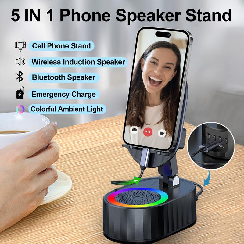 Bluetooth Speaker with Wireless Charging & Phone Stand – 5-in-1 RGB Lights, Hi-Fi Sound